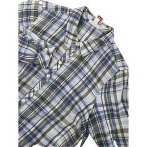 J Jill Love‎ Linen Blue Plaid Henley Tunic S Petite Roll Tab Sleeve Pockets Top